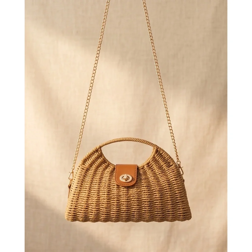 Woven Straw Crossbody Bag Tan Gold Chain Strap Turn Lock‎ Summer Beach Clutch